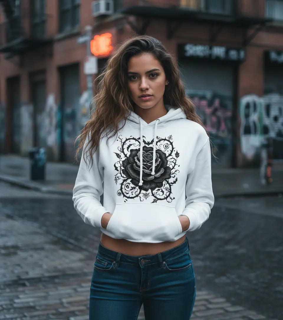 Latina Model wearing Gothic Dark Rose Cropped Hoodie