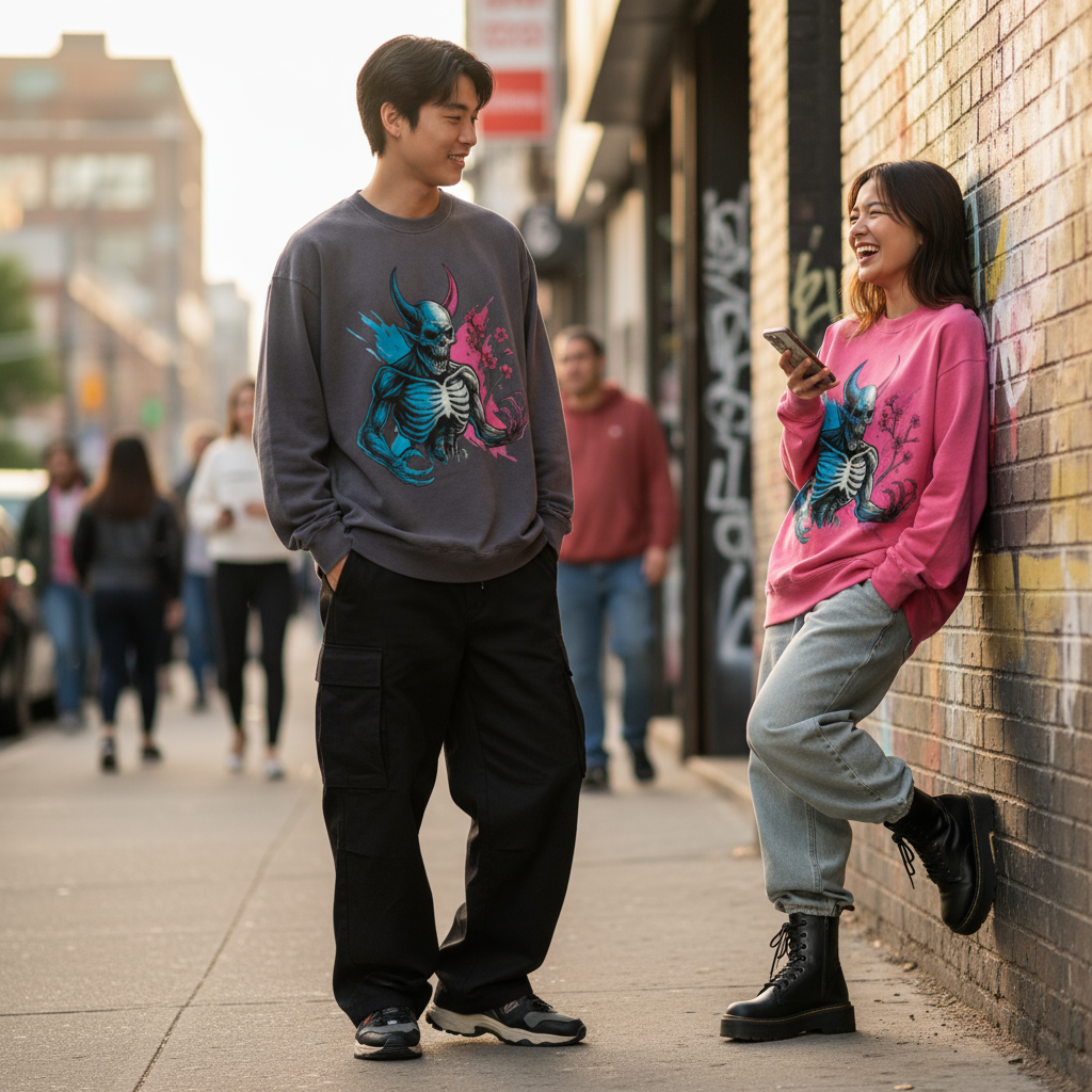 Male and female models in demon skeleton sweatshirts