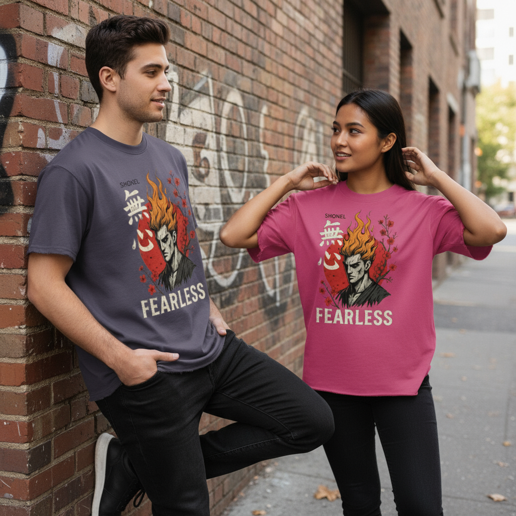 Male and female models in Fearless t-shirts
