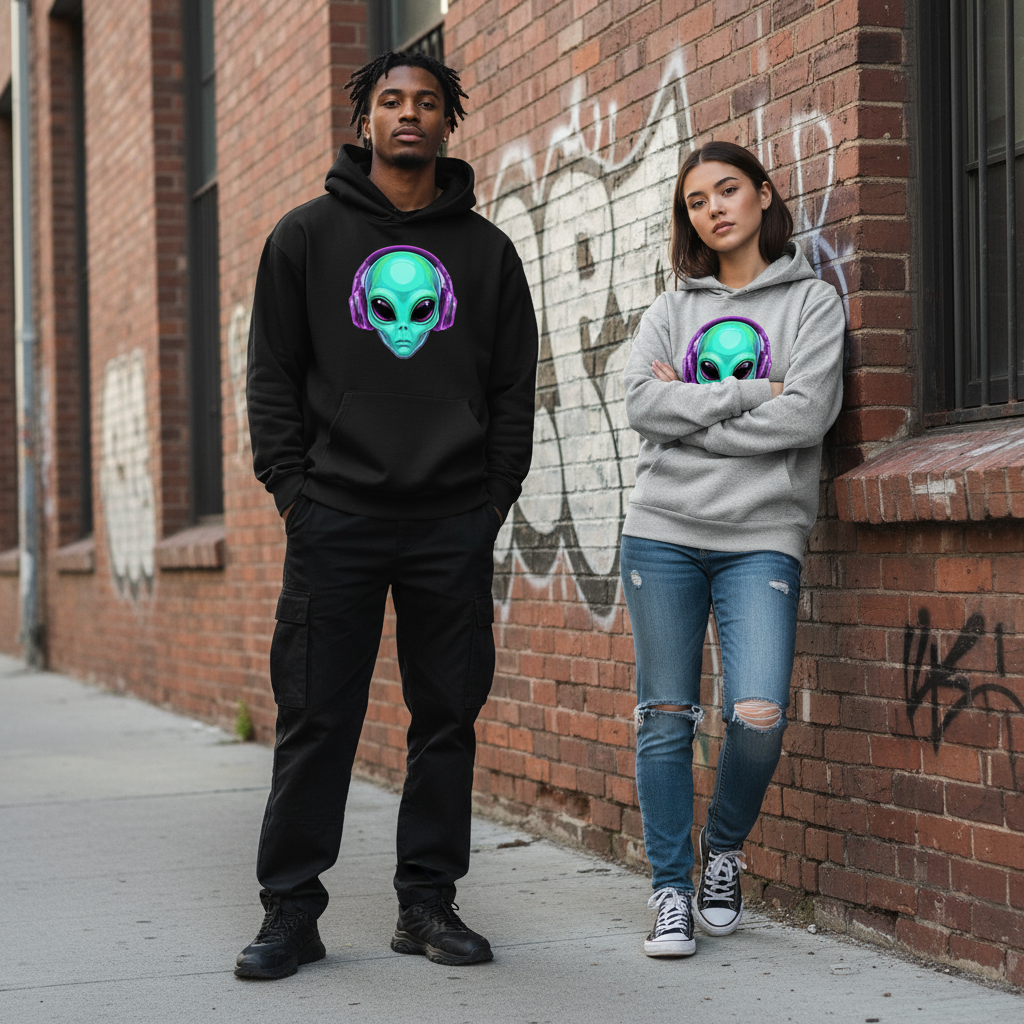 Male and female models in streetwear hoodies