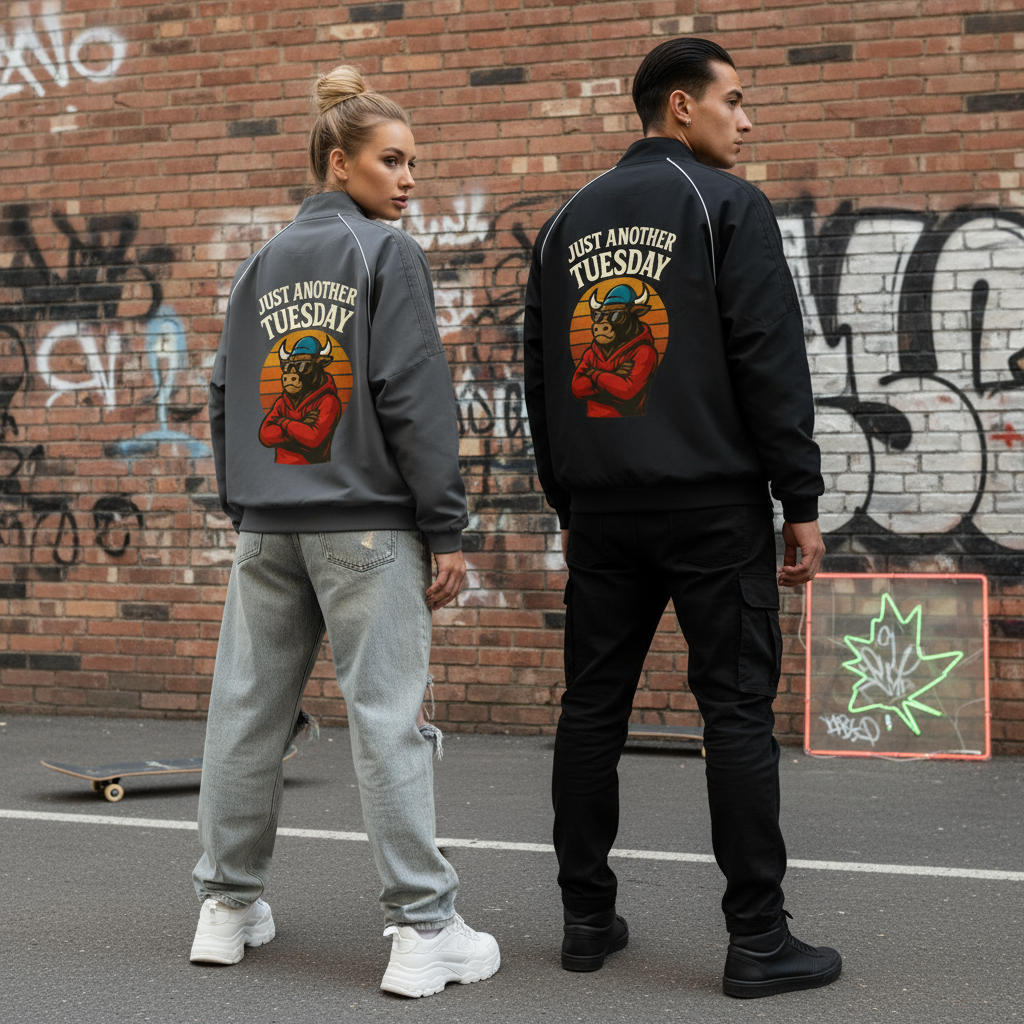 Male and female models in streetwear jackets - back view