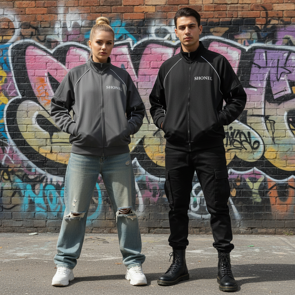Male and female models in streetwear jackets - front view