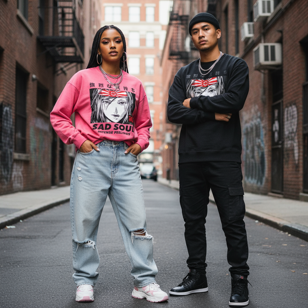 Male and female models in streetwear sweatshirts