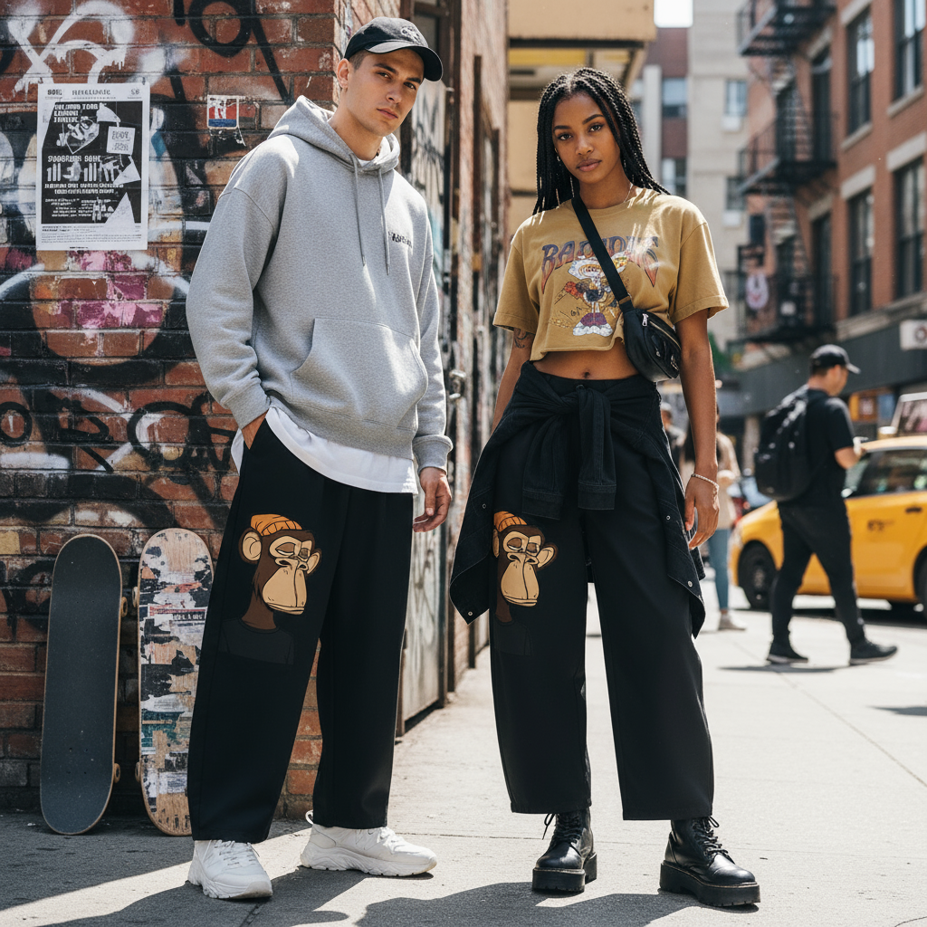 Male and female models wearing black trousers - front view