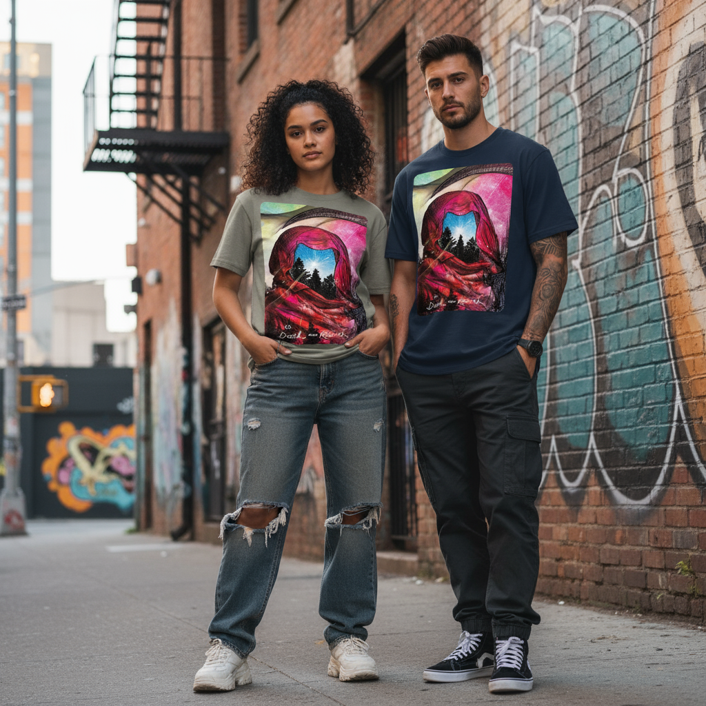 Male and female models wearing Death ∞ Rebirth t-shirts