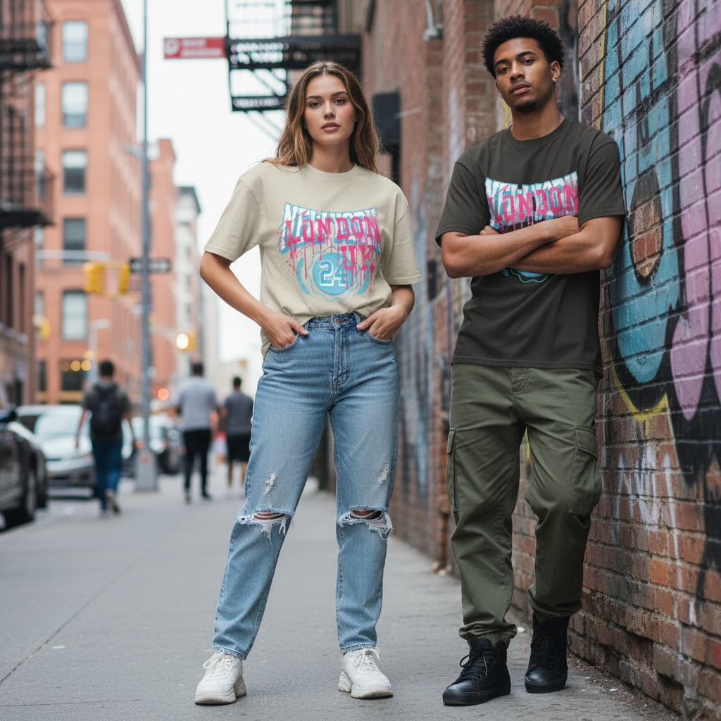 Male and female models wearing London UK 24 t-shirts
