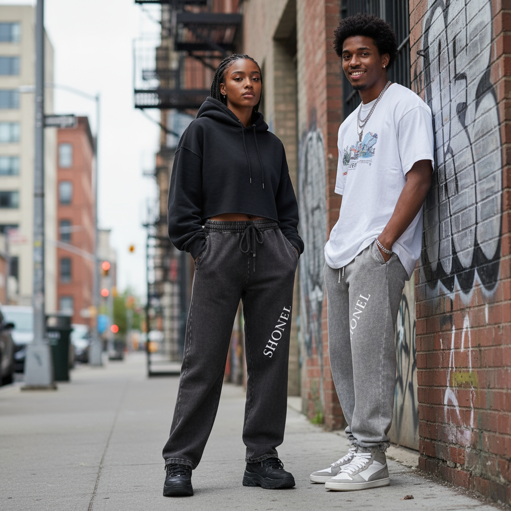 Male and female models wearing SHONEL joggers in streetwear style