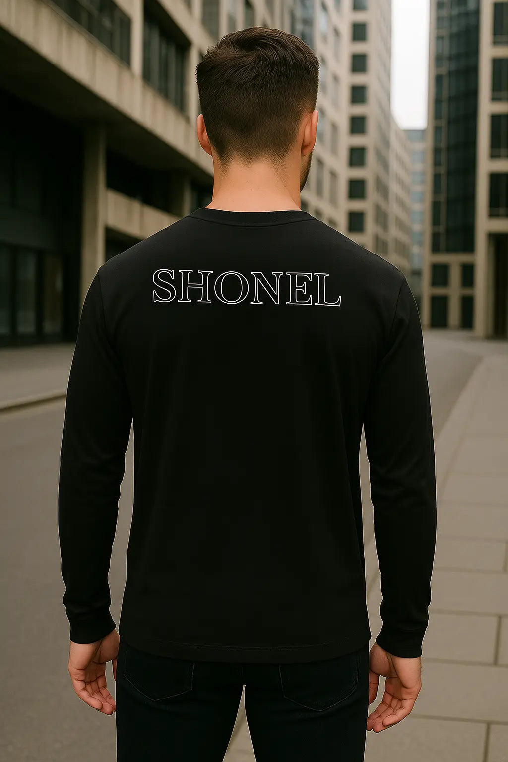 Male Model Back View - Black Shonel Long Sleeve with Neck Text