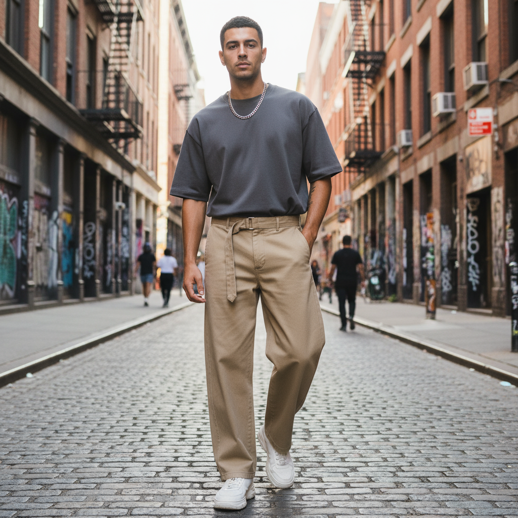 Male model in beige trousers
