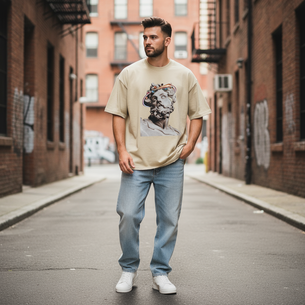 Male model wearing beige t-shirt with classical statue graphic