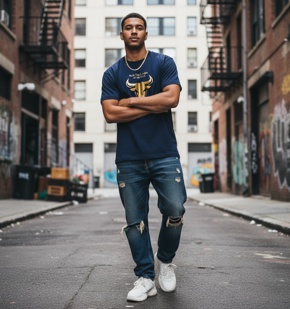 Male model wearing bull design t-shirt - streetwear style