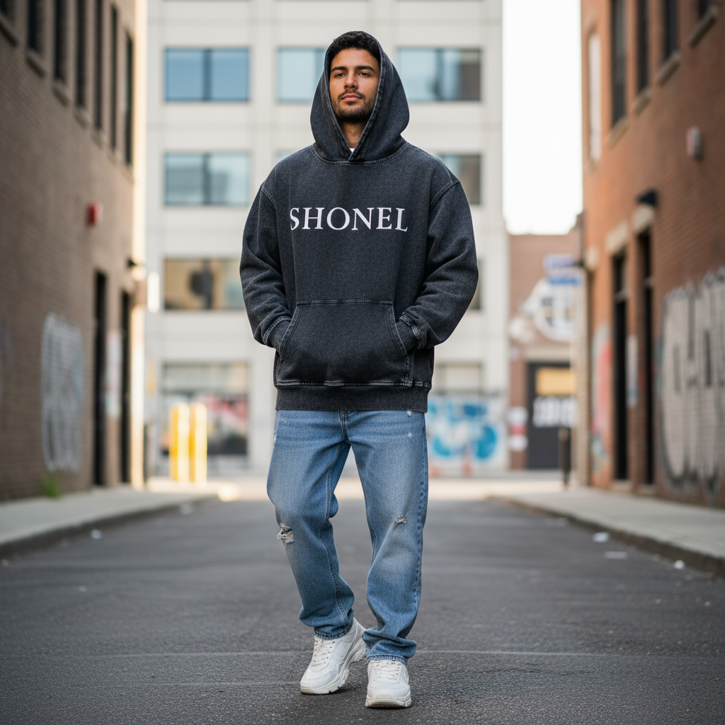 Male model wearing oversized SHONEL hoodie - corrected color