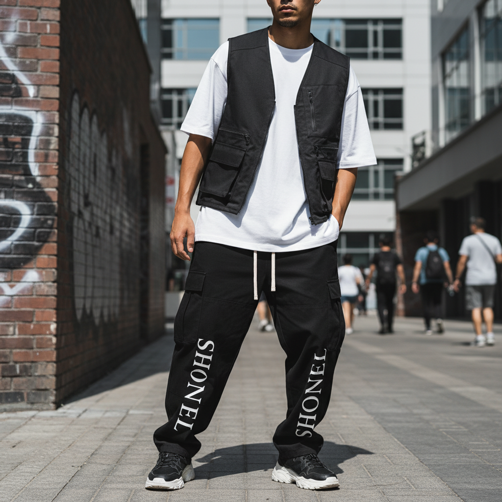 Male model wearing Shonel cargo trousers with mirrored text