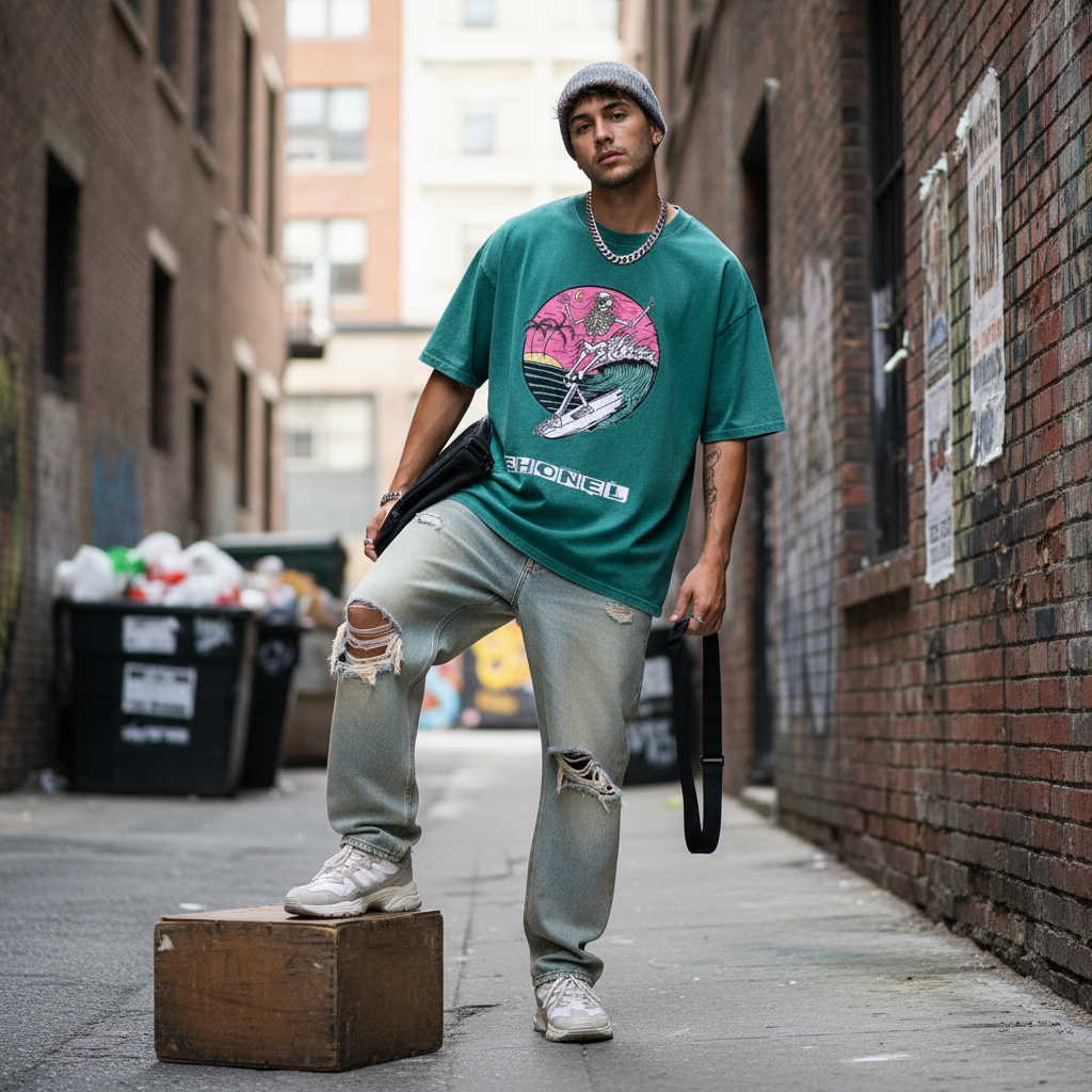 Male model wearing Shonel t-shirt in streetwear style