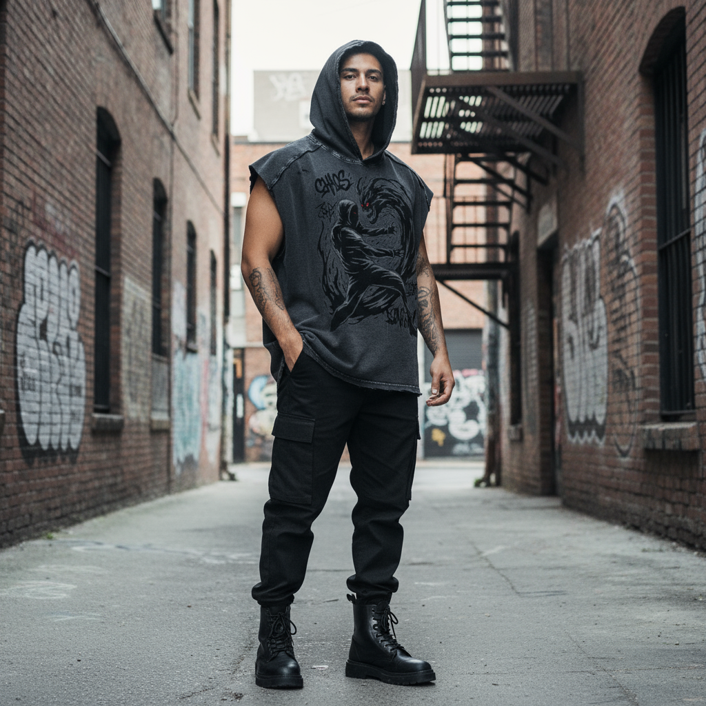 Male model wearing sleeveless hoodie