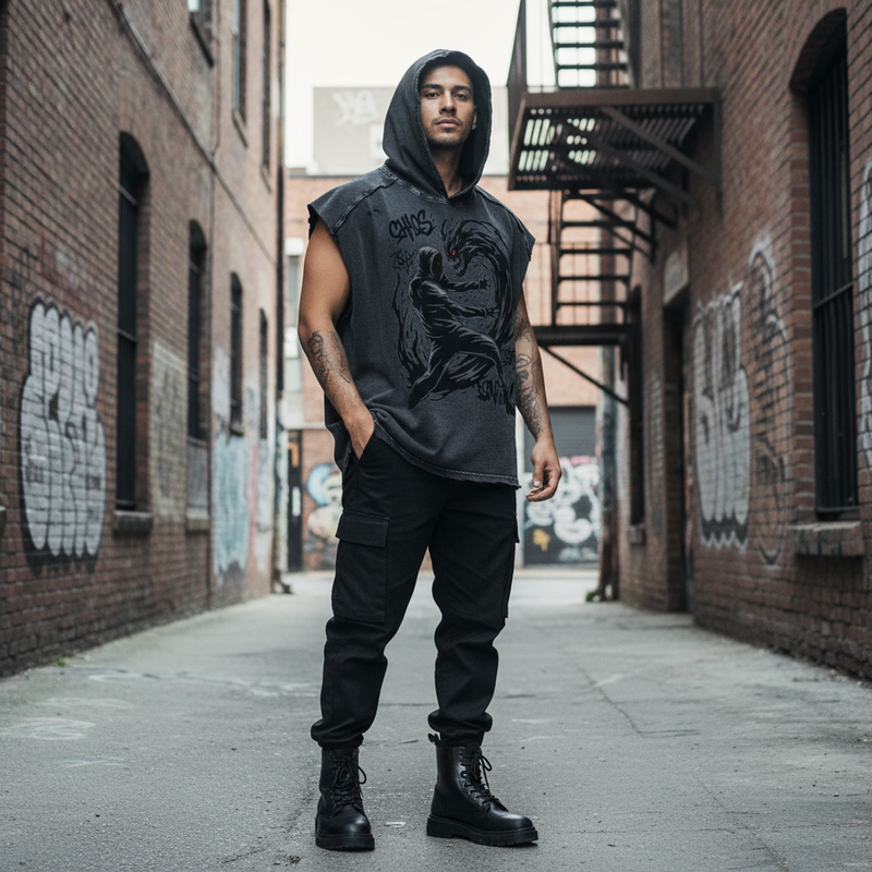 Male model wearing sleeveless hoodie