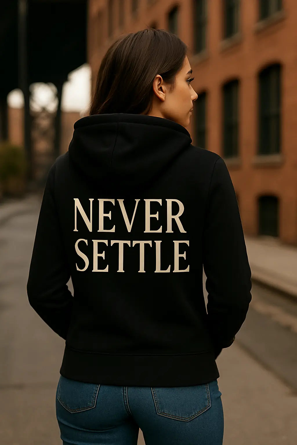 Model wearing NEVER SETTLE hoodie from back