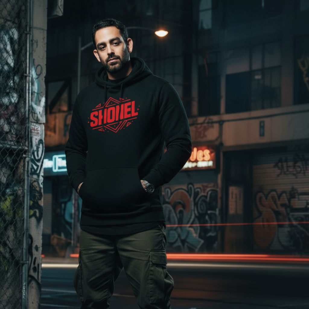 Model wearing SHONEL hoodie without necklace