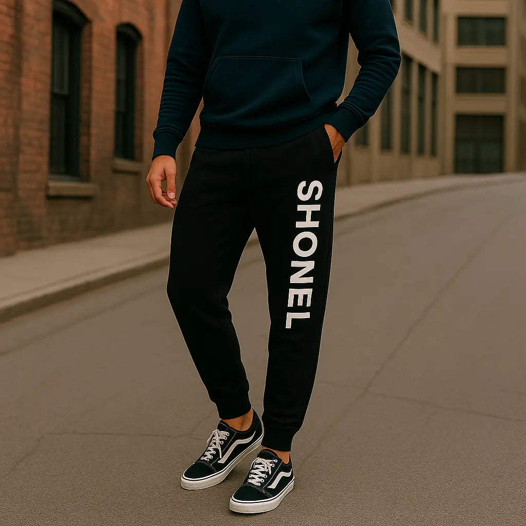 Model wearing Shonel sweatpants with text only