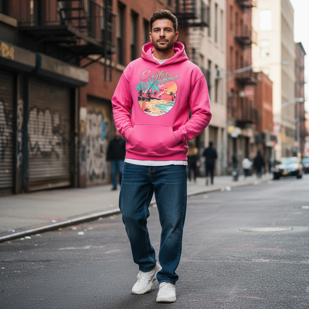 Pink Endless Summer hoodie on confident male model