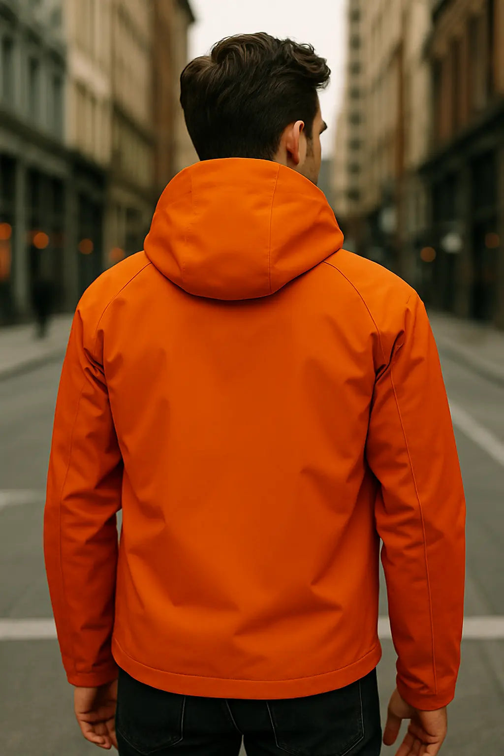 Professional street photography - back view of model wearing orange jacket