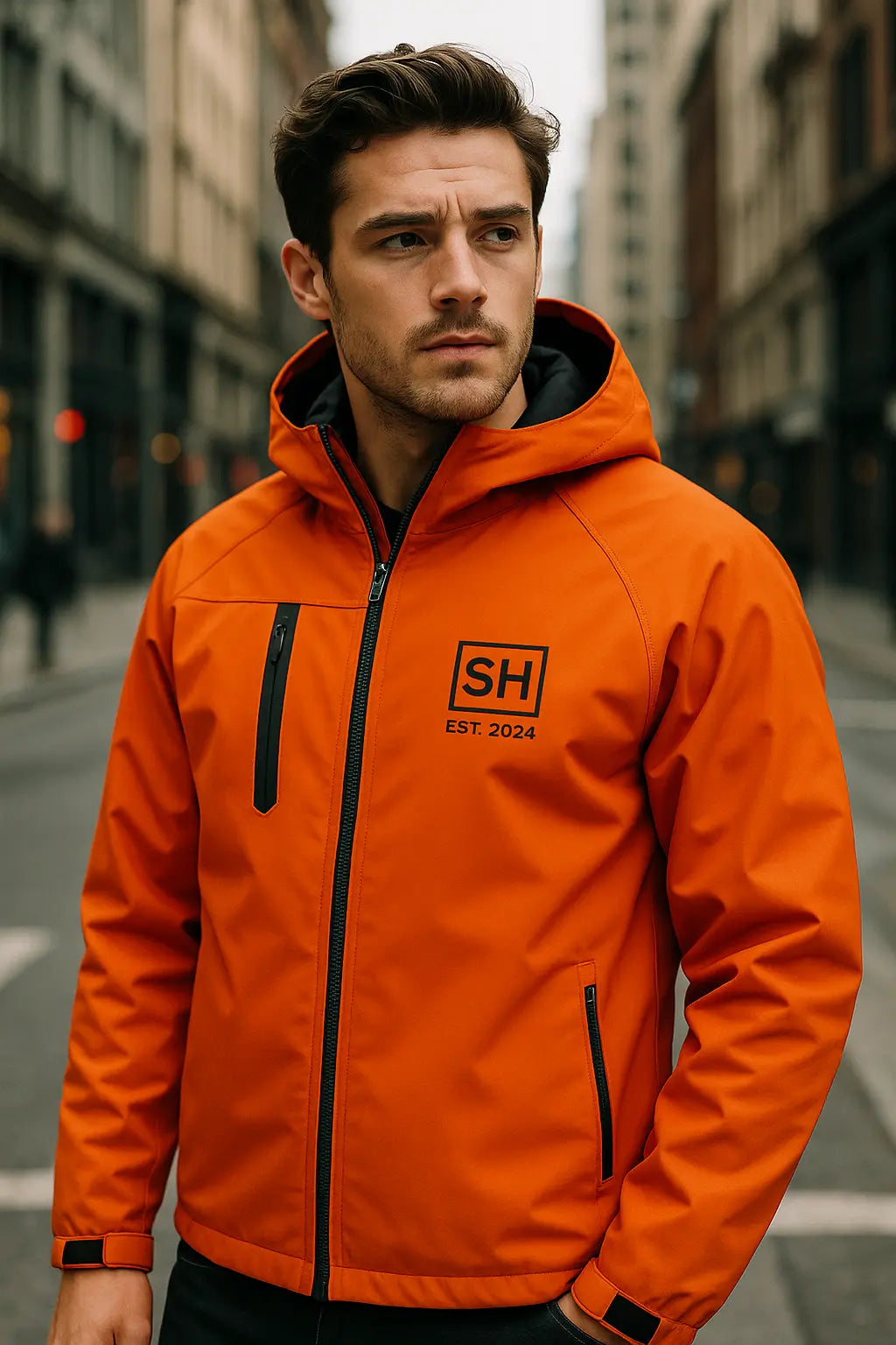Professional street photography with model wearing orange SH jacket