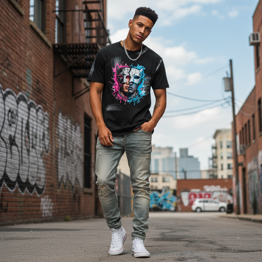 Streetwear model wearing split-face mask t-shirt