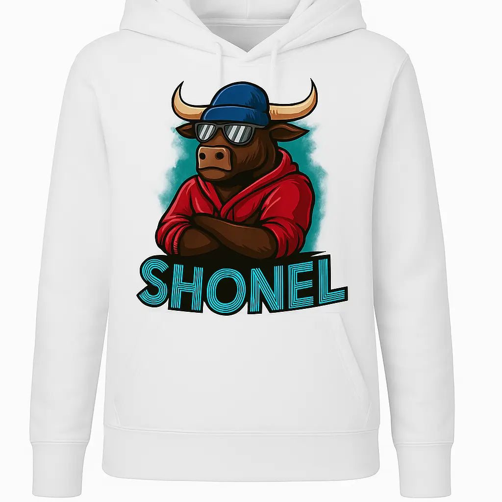 White Hoodie Front - Shonel Bull Design