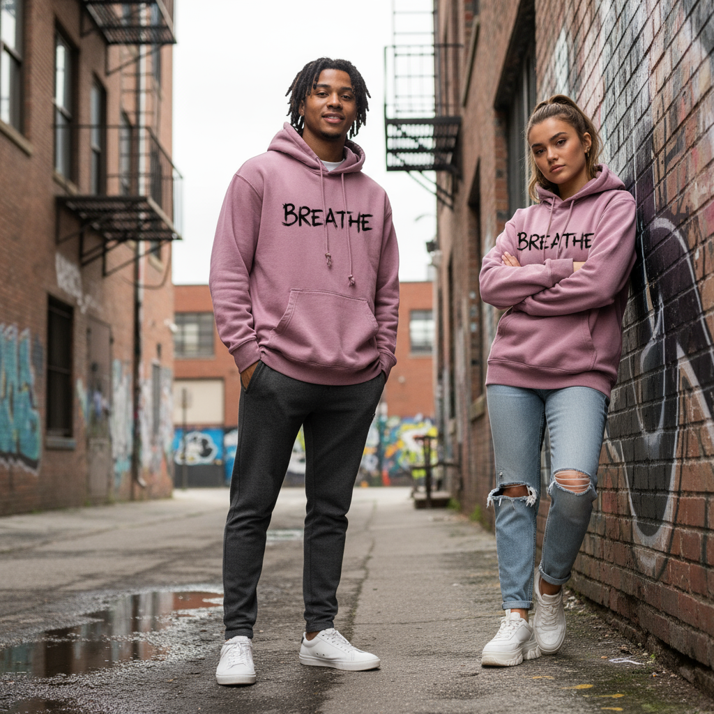 Young models wearing pink hoodie - front view